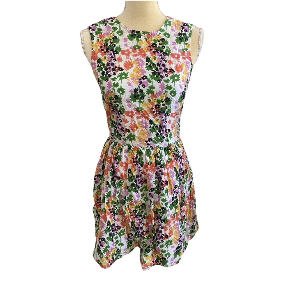River Island Floral Open Back Dress UK 8 US 4 Sleeveless Cotton Line Fit & Flare